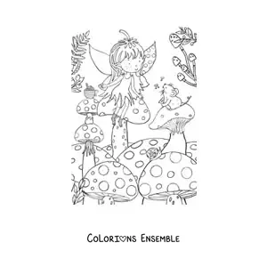 Coloriage d’une petite fille fée assise sur un champignon avec une souris dans la forêt enchantée
