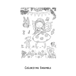 Coloriage d’une petite fille fée dansant avec un chien dans un jardin magique