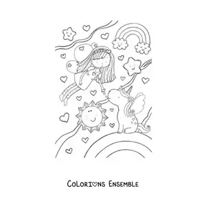 Coloriage d’une petite fille fée volant avec une licorne et un arc-en-ciel