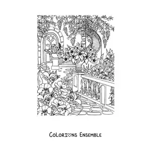 Coloriage d’un jardin secret avec des fleurs et des escaliers