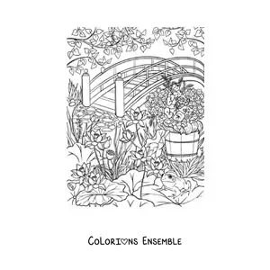 Coloriage d’un jardin secret avec des fleurs et un pont
