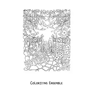 Coloriage d’un jardin secret avec des fleurs et des oiseaux
