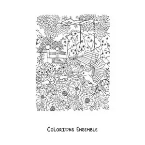 Coloriage d’un jardin secret avec une balançoire entourée de fleurs et d’oiseaux