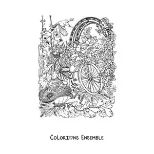 Image à colorier d'une bicyclette dans un jardin secret avec des fleurs et des oiseaux