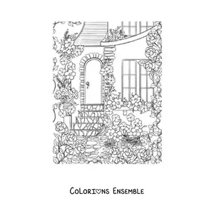 Image à colorier d'une maison avec un jardin secret rempli de fleurs