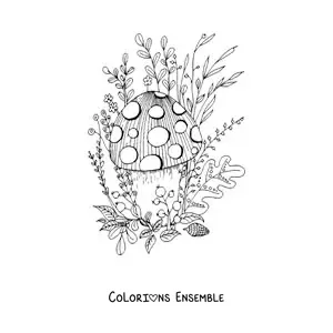 Image à colorier d'un champignon entouré de fleurs et de plantes