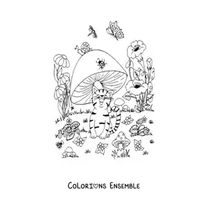Image à colorier d'un chat rigolo avec un champignon et un papillon dans un jardin magique