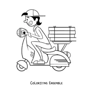 Image à colorier d'un livreur de pizza sur une moto
