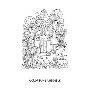 Image à colorier d'un porc-épic et d'animaux de la forêt magique dans une maison en forme de champignon