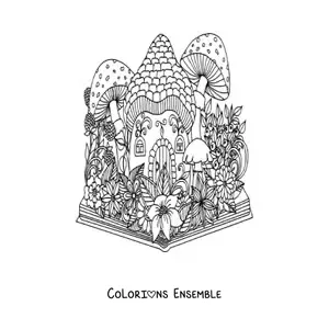 Image à colorier d'un livre ouvert sur un jardin magique