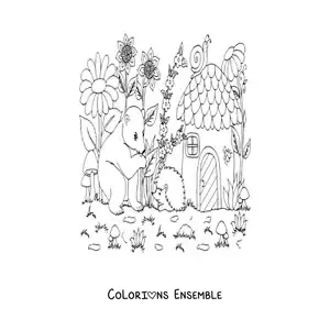 Image à colorier d'un ours et d'animaux de la forêt magique dans une maison en forme de champignon