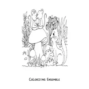 Image à colorier d'un chat et de souris dans un jardin magique