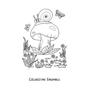 Image à colorier d'un champignon avec un escargot et des papillons dans la forêt magique