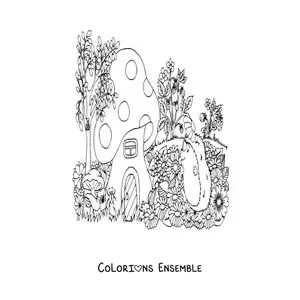 Image à colorier d'un tendre porc-épic à côté d'une maison de la forêt magique