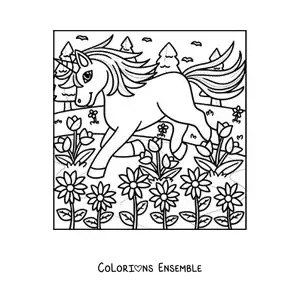 Image à colorier d'une licorne trottant dans un jardin magique