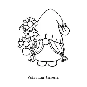 Image à colorier d'un gnome de jardin entouré de fleurs