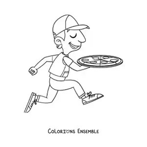 Image à colorier d'un livreur de pizza qui marche