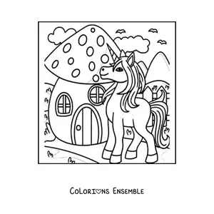 Image à colorier d'une licorne à côté d'une maison en forme de champignon dans la forêt enchantée