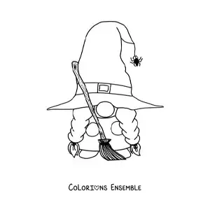 Image à colorier d'un gnome d'Halloween avec un balai