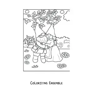 Image à colorier d'un couple de gnomes enlacés dans le jardin