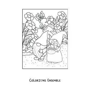 Image à colorier d'un couple de gnomes cueillant des fleurs dans le jardin