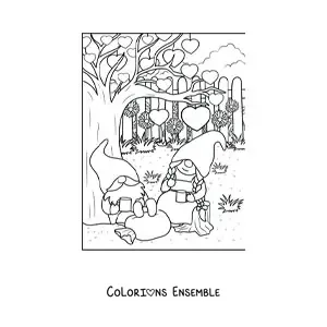 Image à colorier d'un couple de gnomes amoureux buvant un café dans le jardin
