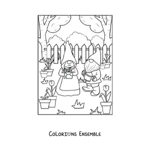 Image à colorier d'un couple de gnomes plantant des plantes dans le jardin