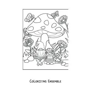 Image à colorier d'un couple de gnomes lisant sous un champignon