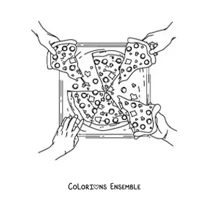 Image à colorier de plusieurs mains qui prennent des parts d'une pizza dans une boîte