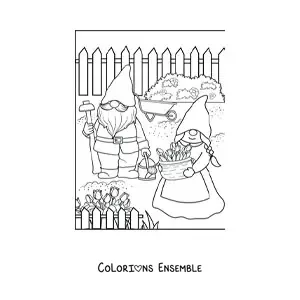 Image à colorier d'un couple de gnomes plantant des fleurs dans le jardin