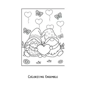Image à colorier d'un couple de gnomes amoureux à la Saint-Valentin