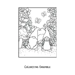 Image à colorier d'un couple de gnomes amoureux dans un jardin avec des papillons et des fleurs
