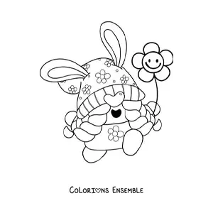 Image à colorier d'un drôle de gnome de Pâques avec une fleur