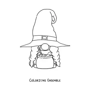 Image à colorier d'un gnome d'Halloween avec un chaudron