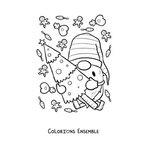 Image à colorier d'un gnome de Noël avec un petit sapin