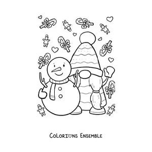 Image à colorier d'un gnome de Noël avec un bonhomme de neige