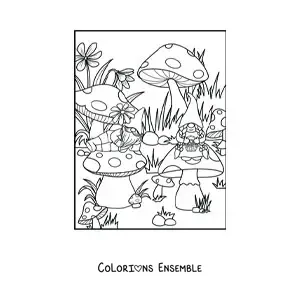Image à colorier d'un couple de gnomes assis sur des champignons