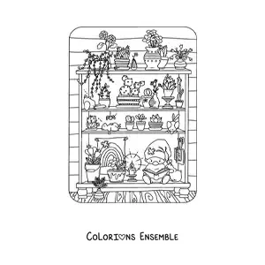Image à colorier d'un gnome lisant sur une étagère garnie de plantes
