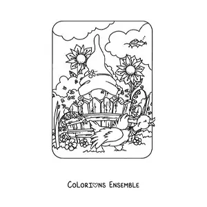 Image à colorier d'un tendre gnome dans un jardin fleuri