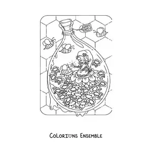 Image à colorier d'un gnome assis dans un jardin avec des abeilles