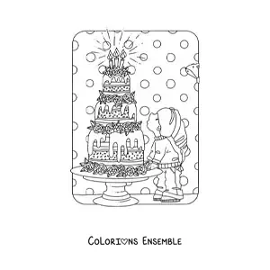 Image à colorier d'un gnome kawaii avec un gâteau d'anniversaire