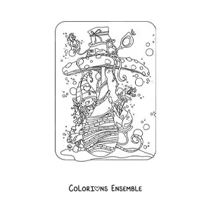 Image à colorier d'un tendre gnome caché derrière un champignon
