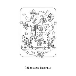 Image à colorier d'un gnome magique et de lucioles rigolotes dans une maison en forme de champignon