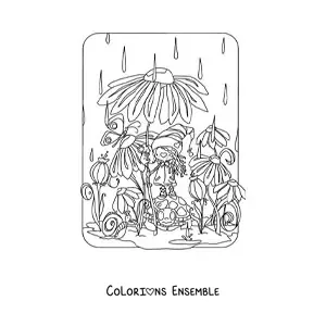Image à colorier d'un gnome kawaii utilisant une fleur comme parapluie