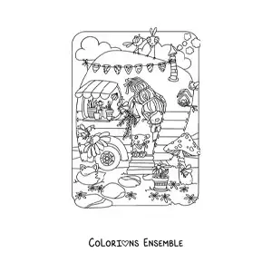Image à colorier d'une femme gnome dans sa maison magique