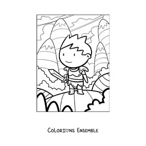 Image à colorier d'un chevalier rigolo avec une épée dans les montagnes