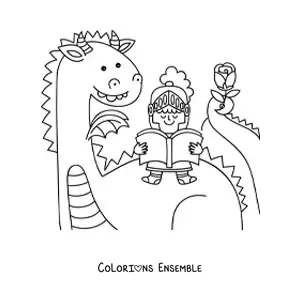 Image à colorier d'un chevalier kawaii lisant un livre assis sur un dragon