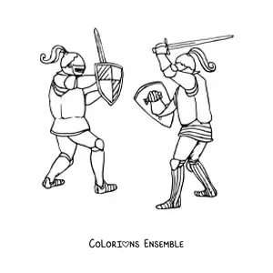Image à colorier d'un duel épique entre chevaliers médiévaux