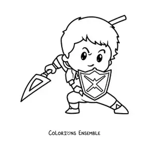 Image à colorier d'un chevalier héroïque rigolo en plein combat