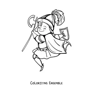 Image à colorier d'un chevalier du Moyen Âge rigolo en train de sauter